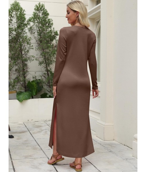 ANRABESS Women Long Sleeve Dresses 2025 Fall Casual Crewneck Loose Fit Split Flowy Wrinkle-Free Travel Vacation Maxi Dress