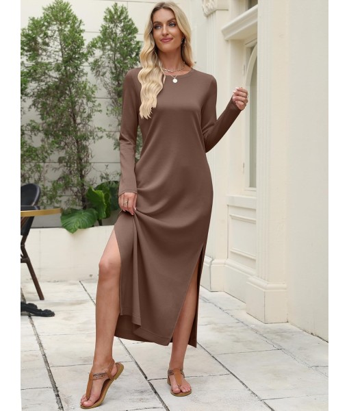 ANRABESS Women Long Sleeve Dresses 2025 Fall Casual Crewneck Loose Fit Split Flowy Wrinkle-Free Travel Vacation Maxi Dress
