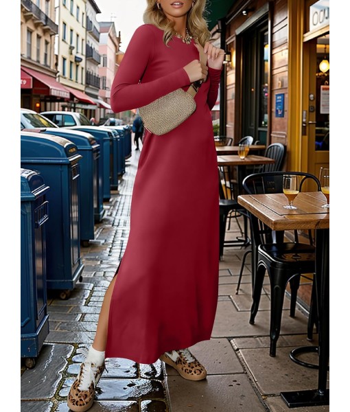 ANRABESS Women Long Sleeve Dresses 2025 Fall Casual Crewneck Loose Fit Split Flowy Wrinkle-Free Travel Vacation Maxi Dress