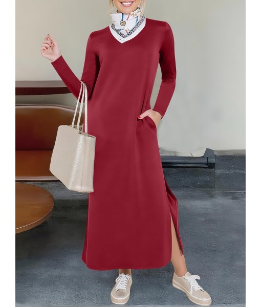 ANRABESS Women Long Sleeve Dresses 2025 Fall Casual Crewneck Loose Fit Split Flowy Wrinkle-Free Travel Vacation Maxi Dress
