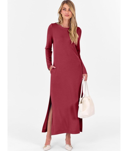ANRABESS Women Long Sleeve Dresses 2025 Fall Casual Crewneck Loose Fit Split Flowy Wrinkle-Free Travel Vacation Maxi Dress