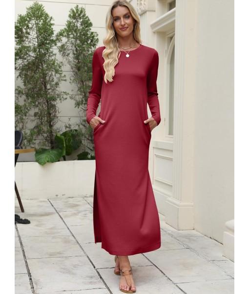ANRABESS Women Long Sleeve Dresses 2025 Fall Casual Crewneck Loose Fit Split Flowy Wrinkle-Free Travel Vacation Maxi Dress