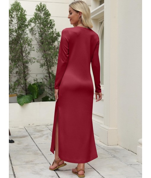 ANRABESS Women Long Sleeve Dresses 2025 Fall Casual Crewneck Loose Fit Split Flowy Wrinkle-Free Travel Vacation Maxi Dress