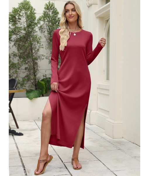 ANRABESS Women Long Sleeve Dresses 2025 Fall Casual Crewneck Loose Fit Split Flowy Wrinkle-Free Travel Vacation Maxi Dress