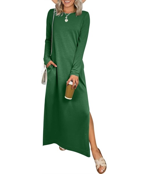 ANRABESS Women Long Sleeve Dresses 2025 Fall Casual Crewneck Loose Fit Split Flowy Wrinkle-Free Travel Vacation Maxi Dress