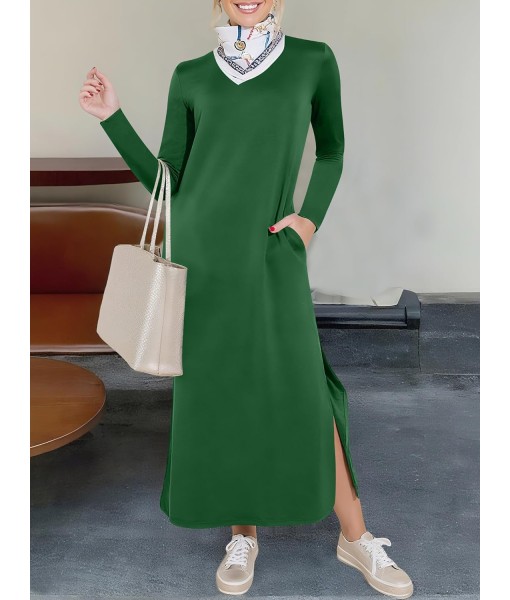 ANRABESS Women Long Sleeve Dresses 2025 Fall Casual Crewneck Loose Fit Split Flowy Wrinkle-Free Travel Vacation Maxi Dress