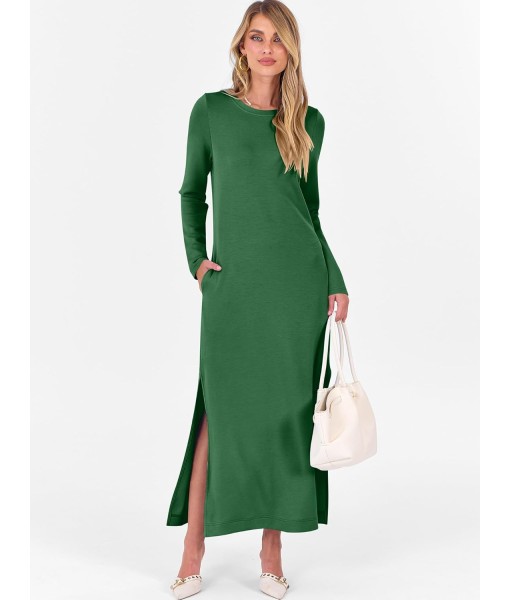 ANRABESS Women Long Sleeve Dresses 2025 Fall Casual Crewneck Loose Fit Split Flowy Wrinkle-Free Travel Vacation Maxi Dress