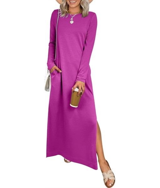 ANRABESS Women Long Sleeve Dresses 2025 Fall Casual Crewneck Loose Fit Split Flowy Wrinkle-Free Travel Vacation Maxi Dress