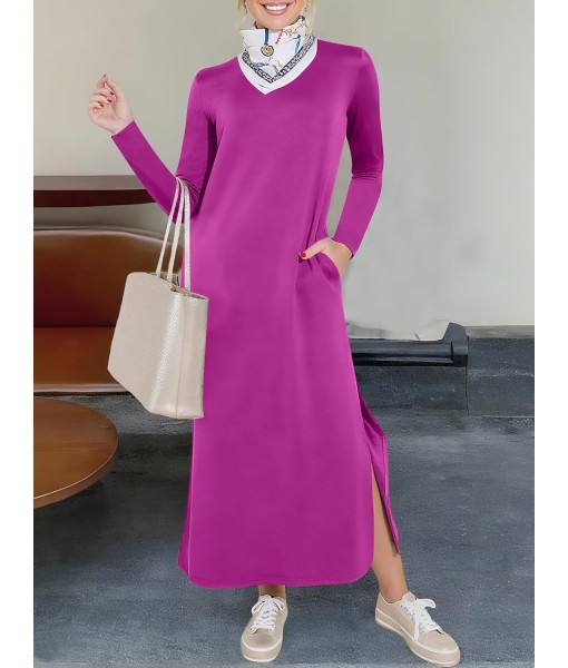ANRABESS Women Long Sleeve Dresses 2025 Fall Casual Crewneck Loose Fit Split Flowy Wrinkle-Free Travel Vacation Maxi Dress