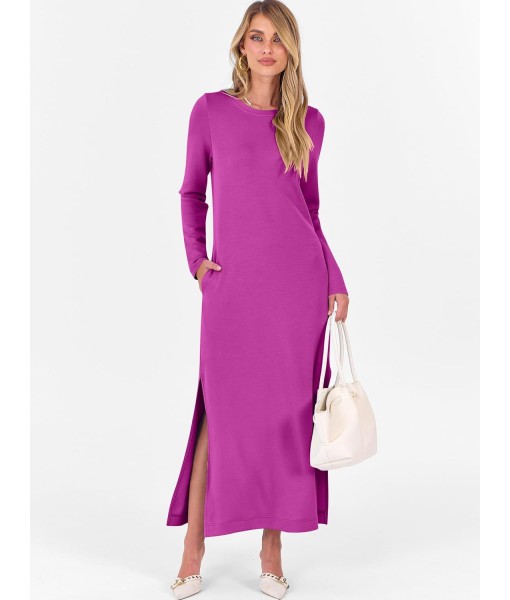 ANRABESS Women Long Sleeve Dresses 2025 Fall Casual Crewneck Loose Fit Split Flowy Wrinkle-Free Travel Vacation Maxi Dress