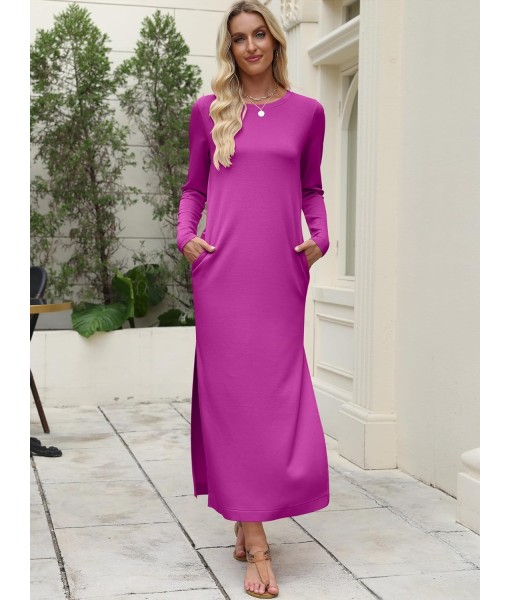 ANRABESS Women Long Sleeve Dresses 2025 Fall Casual Crewneck Loose Fit Split Flowy Wrinkle-Free Travel Vacation Maxi Dress