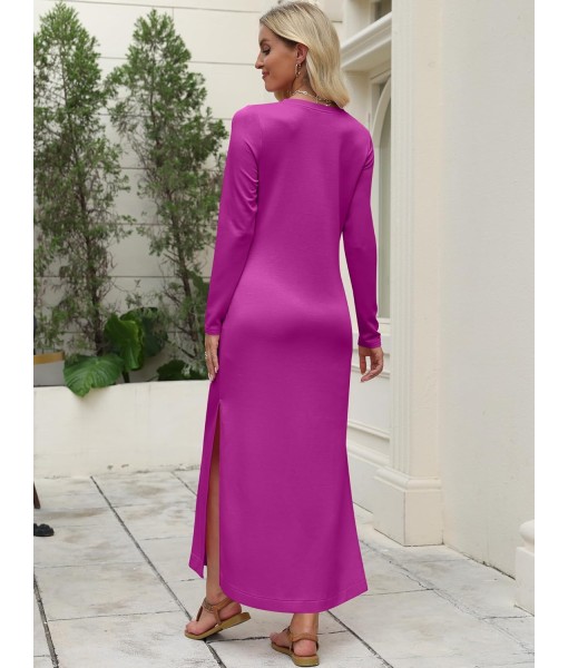 ANRABESS Women Long Sleeve Dresses 2025 Fall Casual Crewneck Loose Fit Split Flowy Wrinkle-Free Travel Vacation Maxi Dress