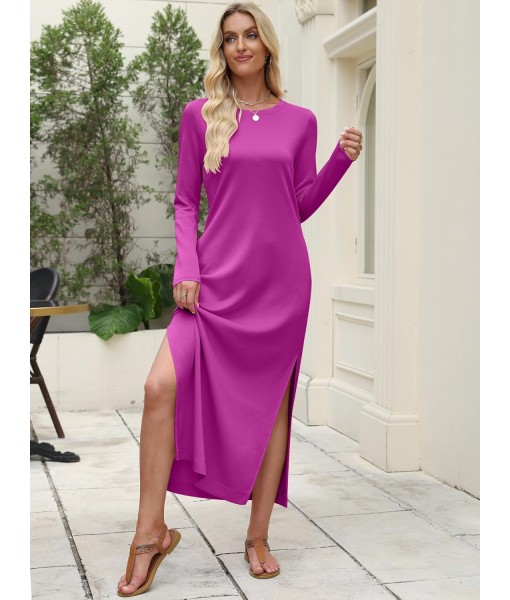 ANRABESS Women Long Sleeve Dresses 2025 Fall Casual Crewneck Loose Fit Split Flowy Wrinkle-Free Travel Vacation Maxi Dress