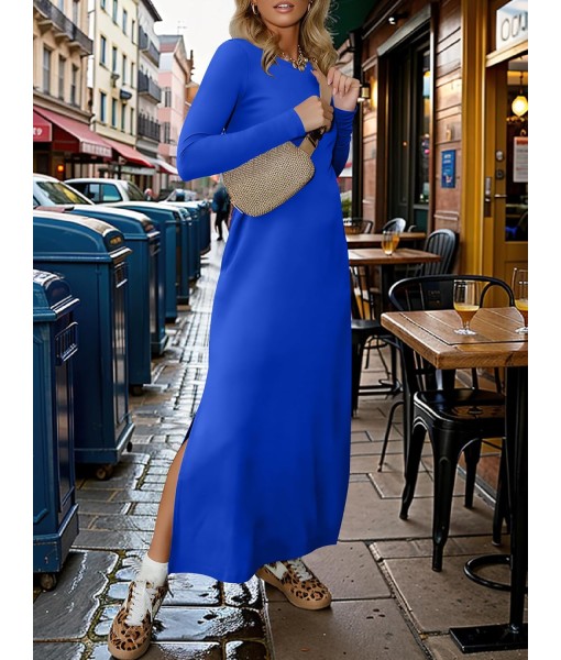 ANRABESS Women Long Sleeve Dresses 2025 Fall Casual Crewneck Loose Fit Split Flowy Wrinkle-Free Travel Vacation Maxi Dress