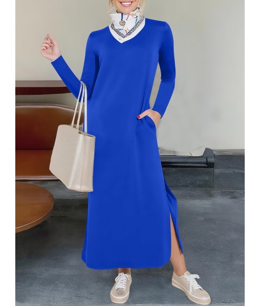 ANRABESS Women Long Sleeve Dresses 2025 Fall Casual Crewneck Loose Fit Split Flowy Wrinkle-Free Travel Vacation Maxi Dress