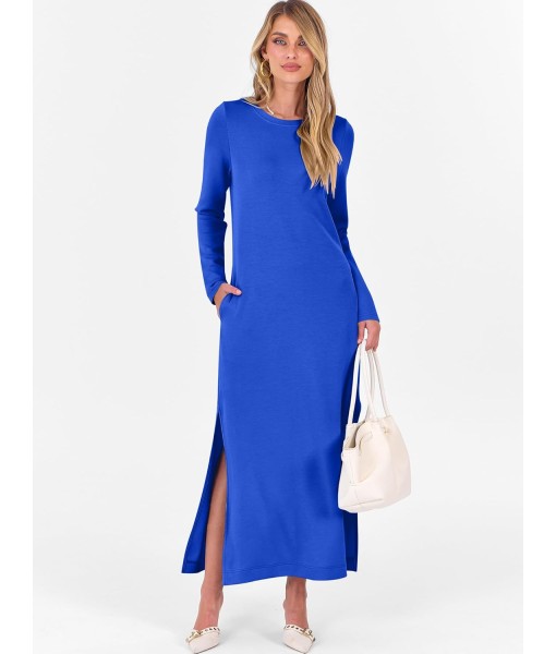 ANRABESS Women Long Sleeve Dresses 2025 Fall Casual Crewneck Loose Fit Split Flowy Wrinkle-Free Travel Vacation Maxi Dress