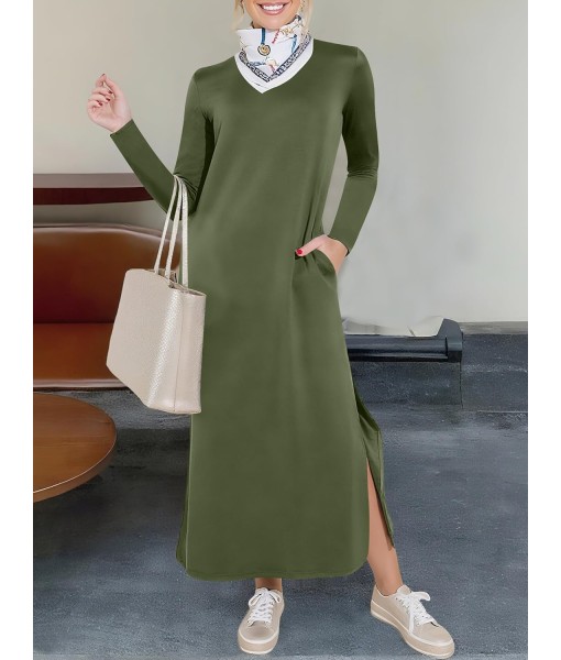 ANRABESS Women Long Sleeve Dresses 2025 Fall Casual Crewneck Loose Fit Split Flowy Wrinkle-Free Travel Vacation Maxi Dress