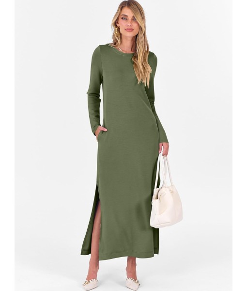 ANRABESS Women Long Sleeve Dresses 2025 Fall Casual Crewneck Loose Fit Split Flowy Wrinkle-Free Travel Vacation Maxi Dress