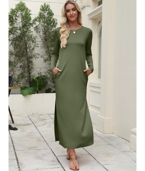 ANRABESS Women Long Sleeve Dresses 2025 Fall Casual Crewneck Loose Fit Split Flowy Wrinkle-Free Travel Vacation Maxi Dress