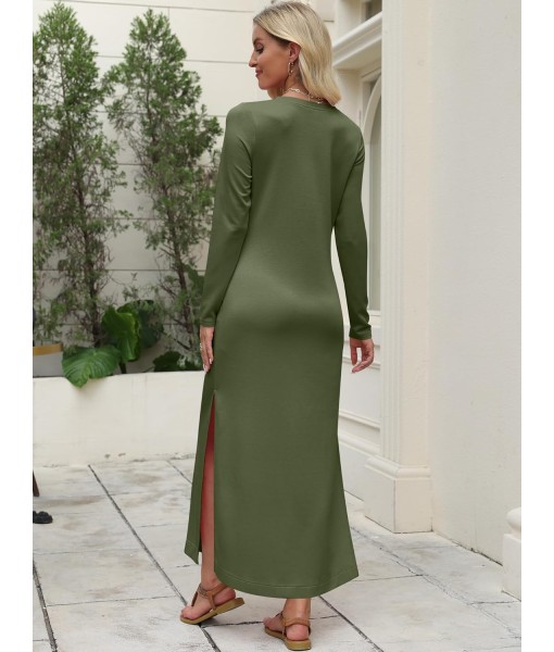 ANRABESS Women Long Sleeve Dresses 2025 Fall Casual Crewneck Loose Fit Split Flowy Wrinkle-Free Travel Vacation Maxi Dress