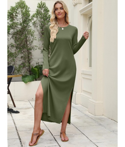 ANRABESS Women Long Sleeve Dresses 2025 Fall Casual Crewneck Loose Fit Split Flowy Wrinkle-Free Travel Vacation Maxi Dress
