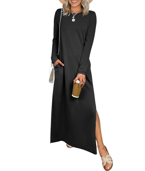 ANRABESS Women Long Sleeve Dresses 2025 Fall Casual Crewneck Loose Fit Split Flowy Wrinkle-Free Travel Vacation Maxi Dress