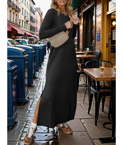 ANRABESS Women Long Sleeve Dresses 2025 Fall Casual Crewneck Loose Fit Split Flowy Wrinkle-Free Travel Vacation Maxi Dress