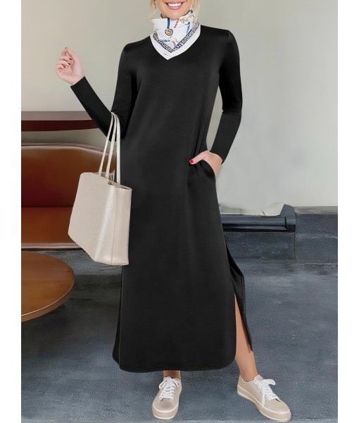 ANRABESS Women Long Sleeve Dresses 2025 Fall Casual Crewneck Loose Fit Split Flowy Wrinkle-Free Travel Vacation Maxi Dress