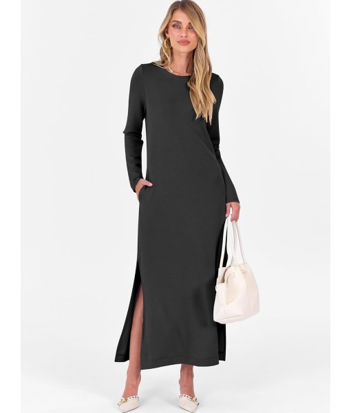 ANRABESS Women Long Sleeve Dresses 2025 Fall Casual Crewneck Loose Fit Split Flowy Wrinkle-Free Travel Vacation Maxi Dress