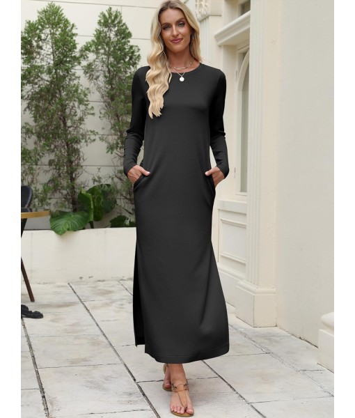 ANRABESS Women Long Sleeve Dresses 2025 Fall Casual Crewneck Loose Fit Split Flowy Wrinkle-Free Travel Vacation Maxi Dress