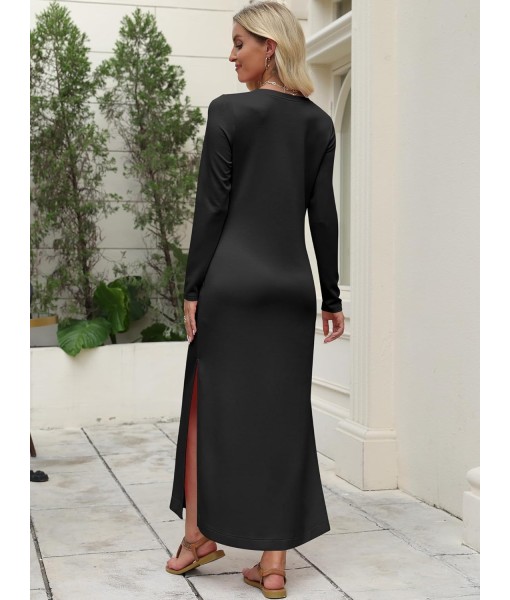 ANRABESS Women Long Sleeve Dresses 2025 Fall Casual Crewneck Loose Fit Split Flowy Wrinkle-Free Travel Vacation Maxi Dress