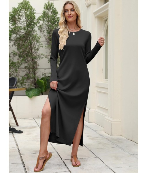 ANRABESS Women Long Sleeve Dresses 2025 Fall Casual Crewneck Loose Fit Split Flowy Wrinkle-Free Travel Vacation Maxi Dress