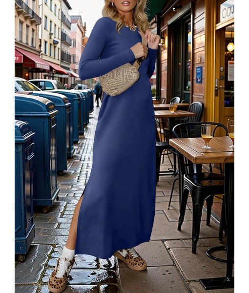 ANRABESS Women Long Sleeve Dresses 2025 Fall Casual Crewneck Loose Fit Split Flowy Wrinkle-Free Travel Vacation Maxi Dress