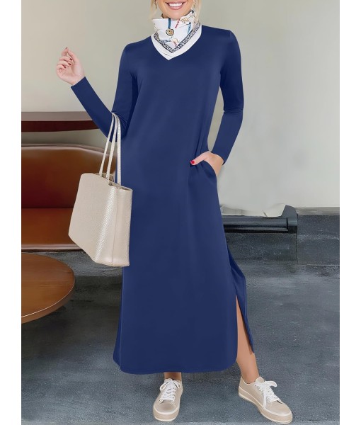 ANRABESS Women Long Sleeve Dresses 2025 Fall Casual Crewneck Loose Fit Split Flowy Wrinkle-Free Travel Vacation Maxi Dress