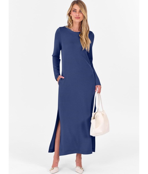 ANRABESS Women Long Sleeve Dresses 2025 Fall Casual Crewneck Loose Fit Split Flowy Wrinkle-Free Travel Vacation Maxi Dress