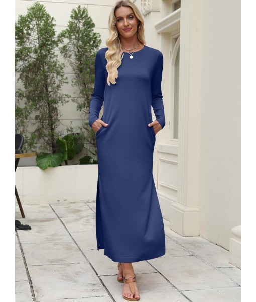ANRABESS Women Long Sleeve Dresses 2025 Fall Casual Crewneck Loose Fit Split Flowy Wrinkle-Free Travel Vacation Maxi Dress
