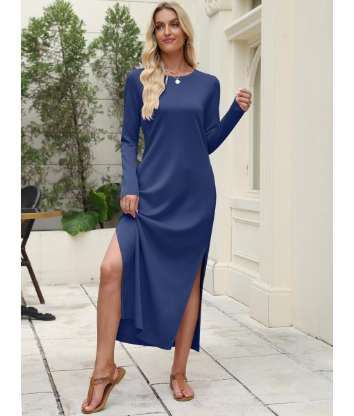ANRABESS Women Long Sleeve Dresses 2025 Fall Casual Crewneck Loose Fit Split Flowy Wrinkle-Free Travel Vacation Maxi Dress