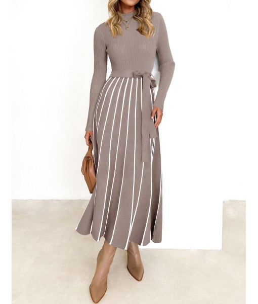 ZESICA Womens 2025 Fall Turtleneck Long Sleeve Sweater Dress Tie Waist Casual Loose Ribbed Knit A Line Midi Dresses