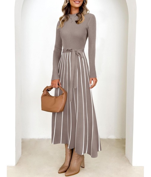 ZESICA Womens 2025 Fall Turtleneck Long Sleeve Sweater Dress Tie Waist Casual Loose Ribbed Knit A Line Midi Dresses