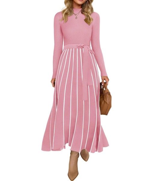 ZESICA Womens 2025 Fall Turtleneck Long Sleeve Sweater Dress Tie Waist Casual Loose Ribbed Knit A Line Midi Dresses
