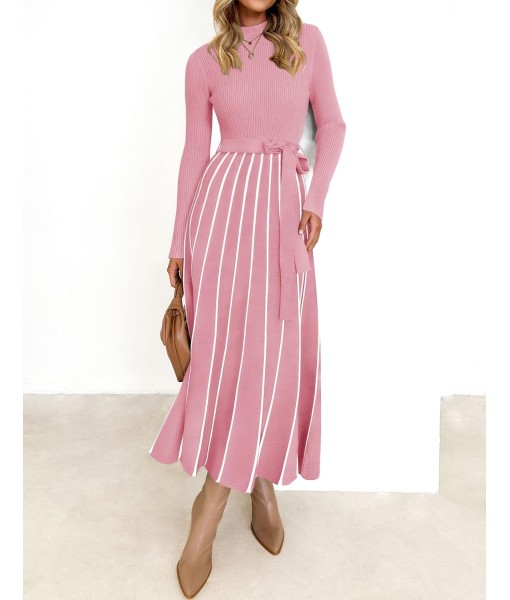 ZESICA Womens 2025 Fall Turtleneck Long Sleeve Sweater Dress Tie Waist Casual Loose Ribbed Knit A Line Midi Dresses