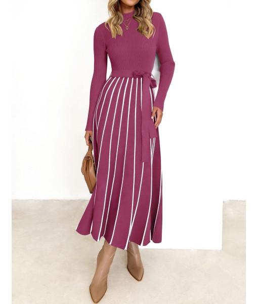 ZESICA Womens 2025 Fall Turtleneck Long Sleeve Sweater Dress Tie Waist Casual Loose Ribbed Knit A Line Midi Dresses