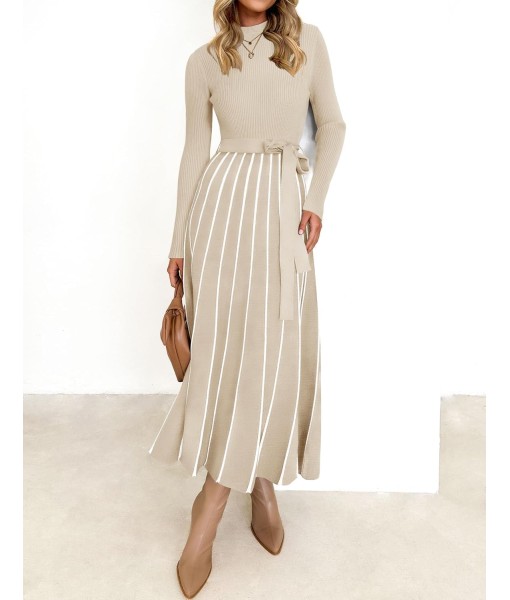 ZESICA Womens 2025 Fall Turtleneck Long Sleeve Sweater Dress Tie Waist Casual Loose Ribbed Knit A Line Midi Dresses