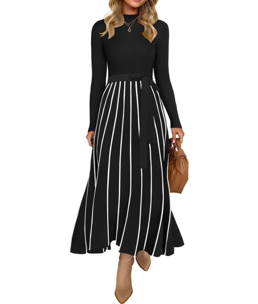 ZESICA Womens 2025 Fall Turtleneck Long Sleeve Sweater Dress Tie Waist Casual Loose Ribbed Knit A Line Midi Dresses