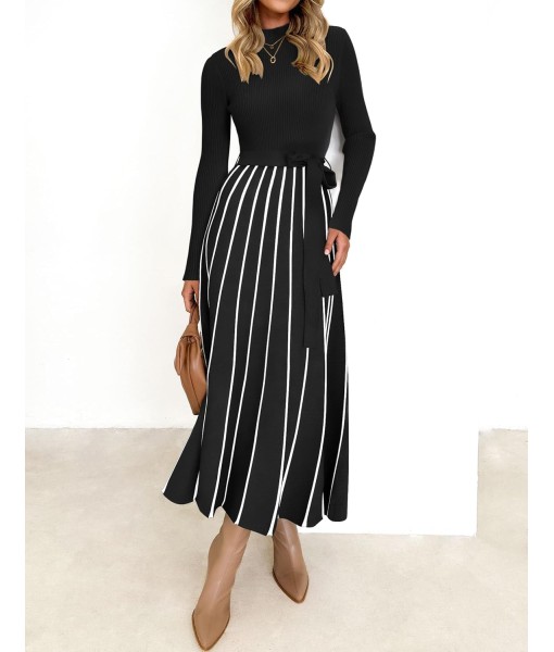 ZESICA Womens 2025 Fall Turtleneck Long Sleeve Sweater Dress Tie Waist Casual Loose Ribbed Knit A Line Midi Dresses