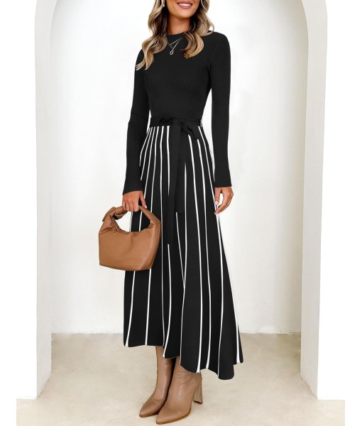 ZESICA Womens 2025 Fall Turtleneck Long Sleeve Sweater Dress Tie Waist Casual Loose Ribbed Knit A Line Midi Dresses