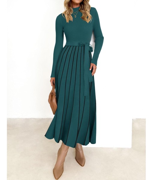 ZESICA Womens 2025 Fall Turtleneck Long Sleeve Sweater Dress Tie Waist Casual Loose Ribbed Knit A Line Midi Dresses