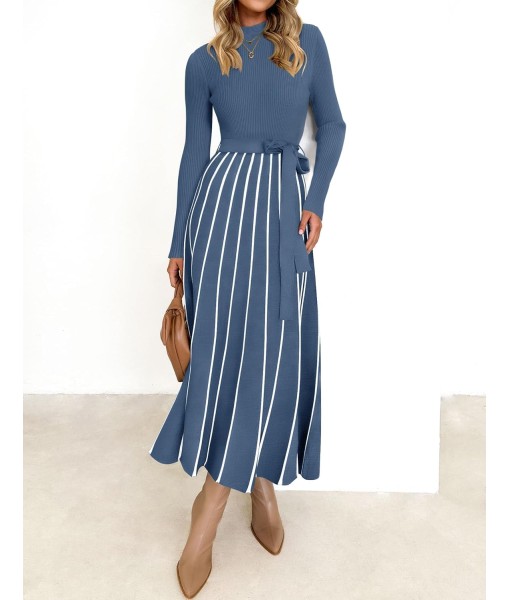 ZESICA Womens 2025 Fall Turtleneck Long Sleeve Sweater Dress Tie Waist Casual Loose Ribbed Knit A Line Midi Dresses