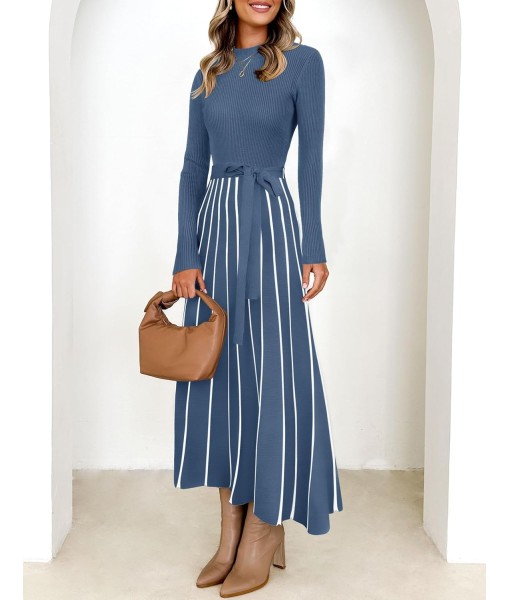 ZESICA Womens 2025 Fall Turtleneck Long Sleeve Sweater Dress Tie Waist Casual Loose Ribbed Knit A Line Midi Dresses