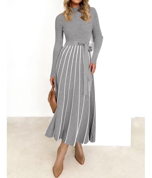 ZESICA Womens 2025 Fall Turtleneck Long Sleeve Sweater Dress Tie Waist Casual Loose Ribbed Knit A Line Midi Dresses
